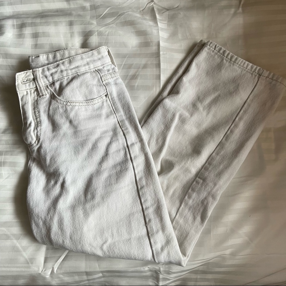cream high rise straight leg jeans